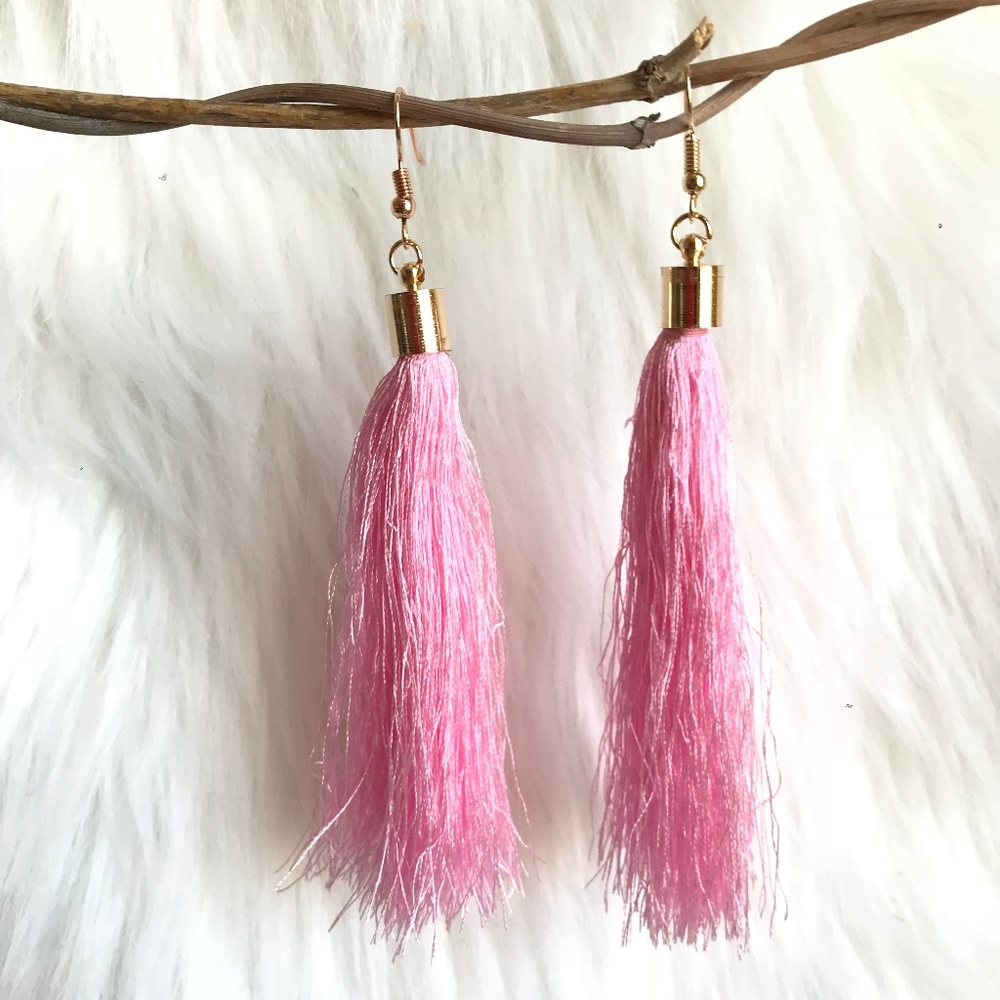 Boho tassel fringe statement pink earrings NWT!